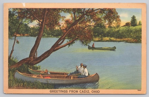 Leinen Postkarte Grüße aus Cadiz Ohio Kanus auf dem See - Bild 1 von 2