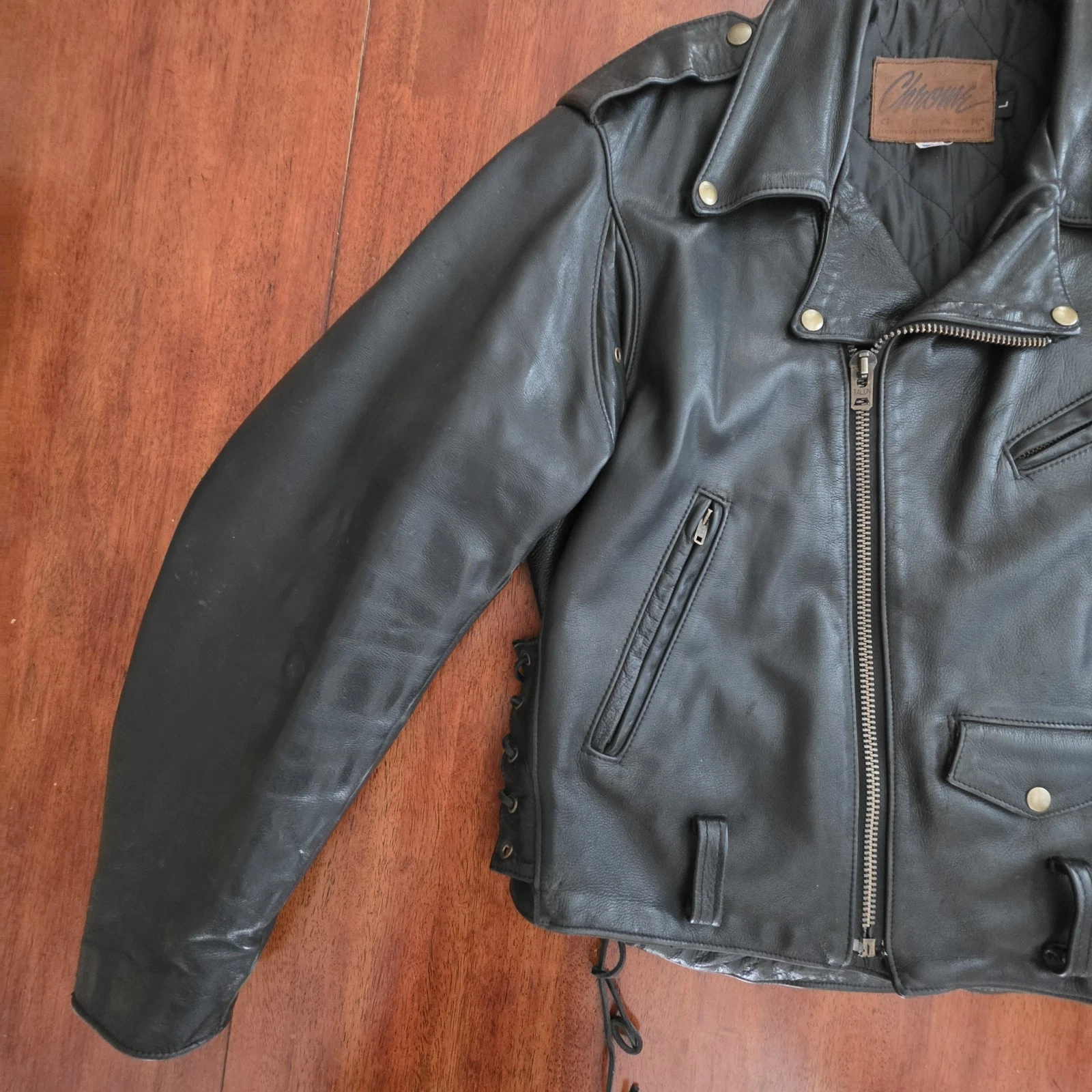 Vtg Custom Chrome Gear Large Leather Motorcycle Jacket Made In USA Talon Zippers - product detail image 12