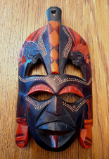 HAND CARVED RED & BLACK TRIBAL MASK