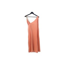 NEW ZARA Pleated Dress with Chain Strap Peach Midi Gold Faux Wrap Surplice XS