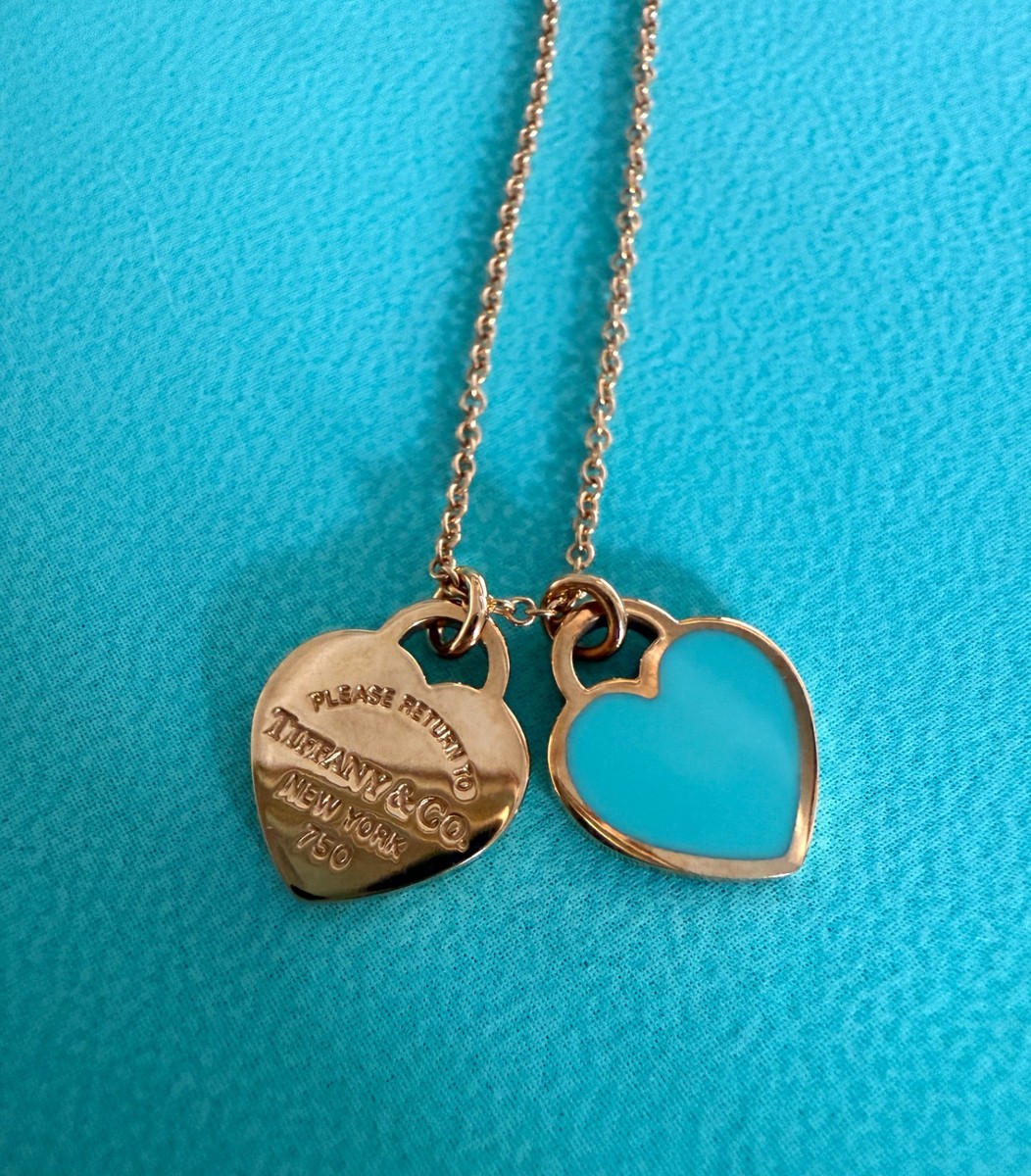 Tiffany Co 18K Gold RTT Double Blue Enamel Heart Chain Necklace 16