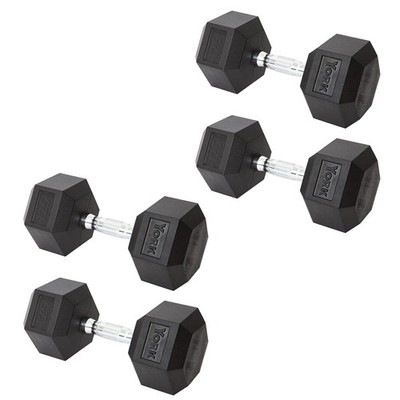 York Barbell Hex Dumbbell Set 125LB Rubber Coated Fixed Weight Dumbbells Pack 4