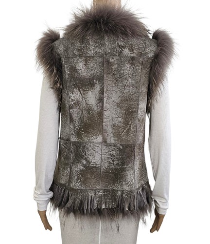 LINDA RICHARDS Luxury Gray Brown Rabbit & Raccoon Fur Vest with Fringe M $650 - Picture 4 of 7