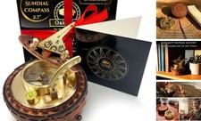 Brass Sundial Compass in Leather Case - Nautical Gifts for 2.7" Inch Diameter