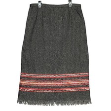 Sag Harbor Wool Blend Heather Gray Midi Skirt Size 18 Embroidered Fringe Trim