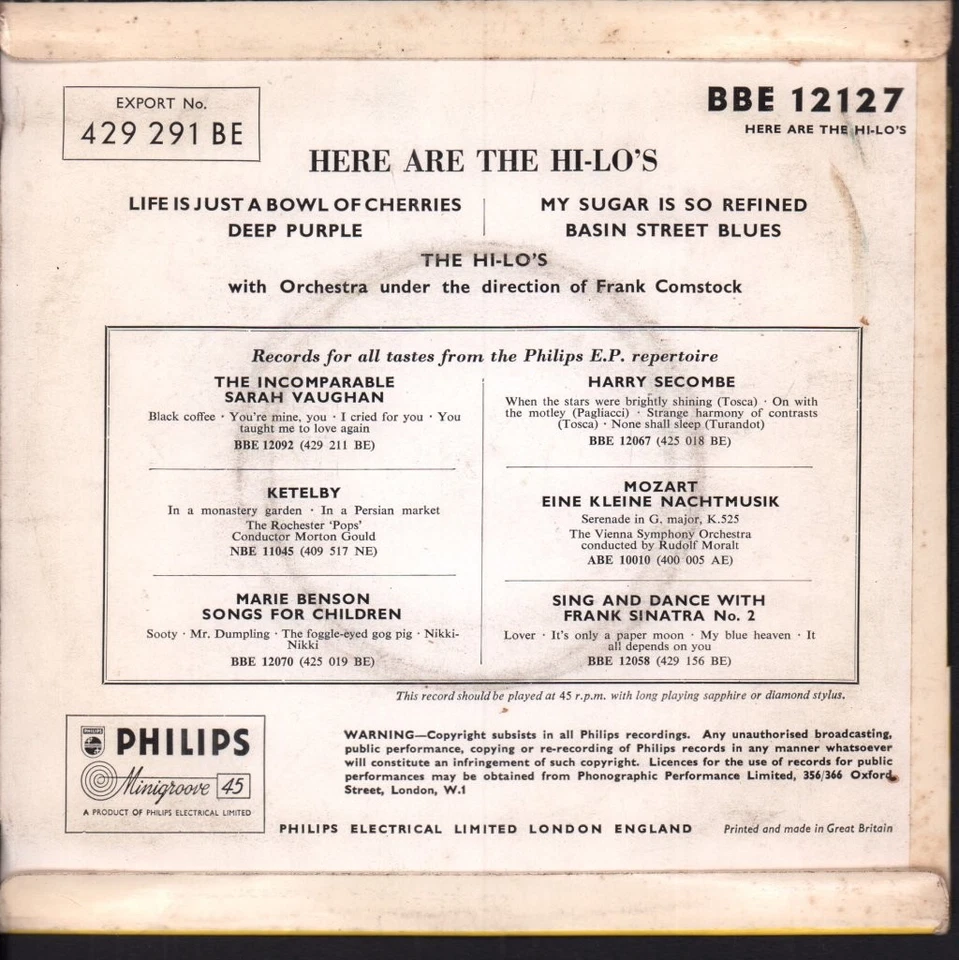 Hi-Lo's Here Are the Hi-Lo's 7" vinyl UK Philips 1957 ep 3 prong label design - Image 2 of 3