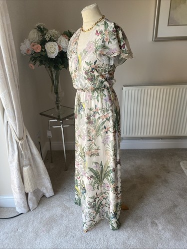 Tie-detail Chiffon Floral Watercolor Beautiful Flowy Dress Bloggers H&M Maxi New - Picture 4 of 5