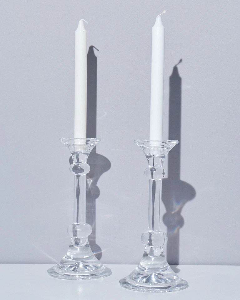 Val St Lambert Belgium Pair Tall Glass Candle Holders Clear Crystal Orb Design - Image 3 of 4