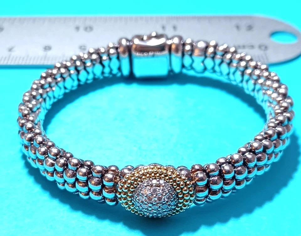 Lagos Caviar 925 серебро и 18k золото овальная станция бриллиант Bracalet, 9 мм - Изображение 2 из 4