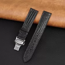 Black Lizard Leather Men Watch Band Flat Leather Watch Strap Deployment Buckle