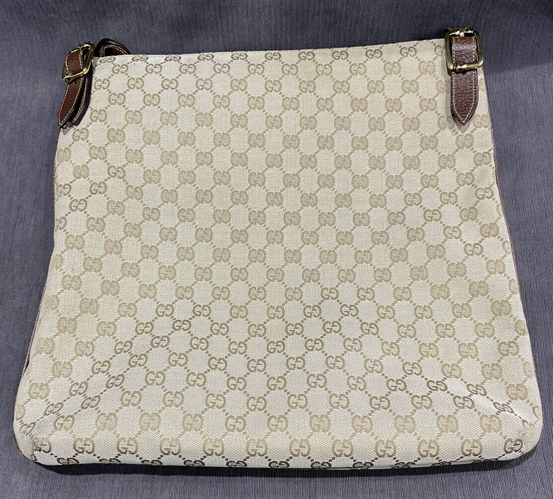 GUCCI GG Monogram Beige Canvas & Brown Leather Unisex Large GUCCI GG Monogram Beige Canvas & Brown Leather Unisex Large
