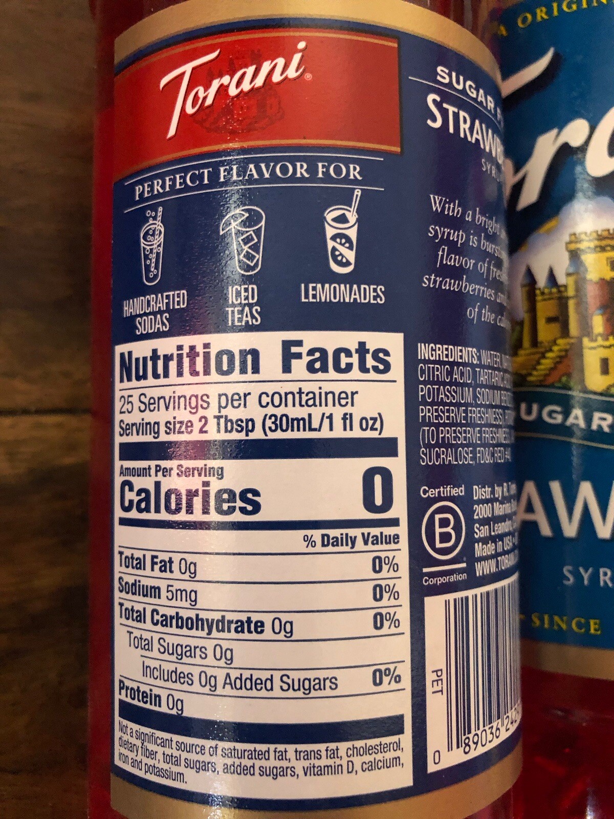 (2x Big Size 25.4 oz Lot) Torani Sugar Free Syrup Strawberry Mixer NEW Free Ship