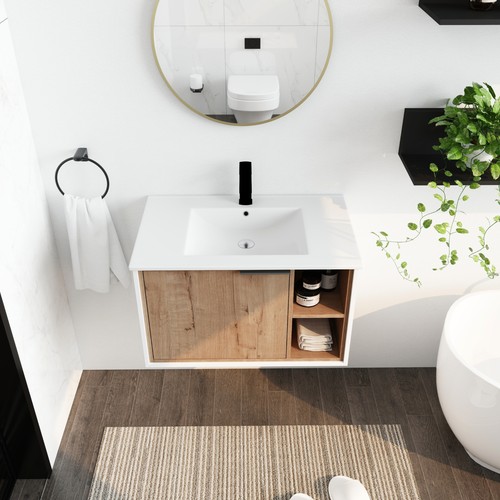 Mueble tocador de baño flotante de madera de 30" para fregadero/puerta/ovejas de cerámica - Imagen 5 de 9