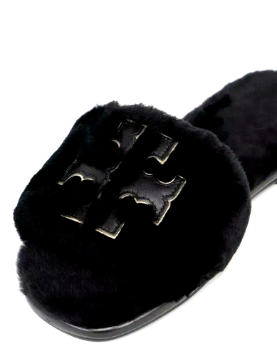 TORY BURCH DOUBLE T SPORT SLIDE BLACK SHEARLING SLIPPER LEATHER LOGO SZ 9.5 NIB - Picture 4 of 13