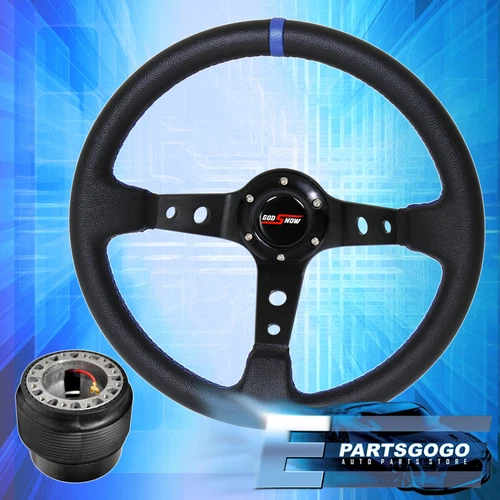 350mm Deep Dish Black Steering Wheel Blue Stitching + Adapter For 89-98 240Sx