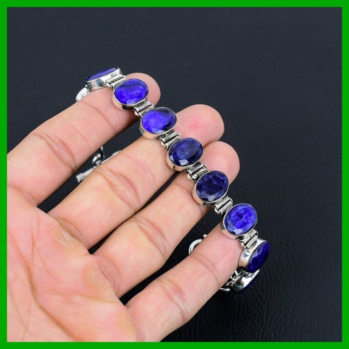 925 Silber Blauer Saphir Stein Unikat Boho Kette Jubiläum Neu Armband Schmuck - Bild 4 von 6