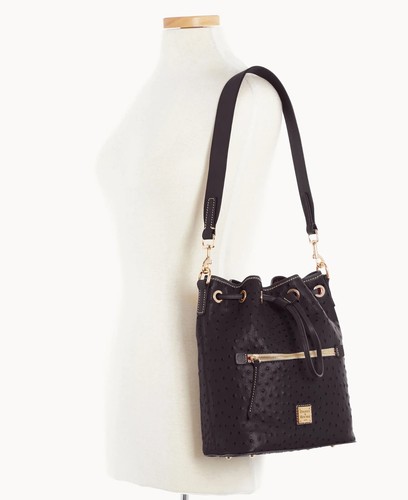 Dooney & Bourke Ostrich Leather Black Drawstring Shoulder Bag NEW🎀NIP NWT🎁 - Picture 4 of 7