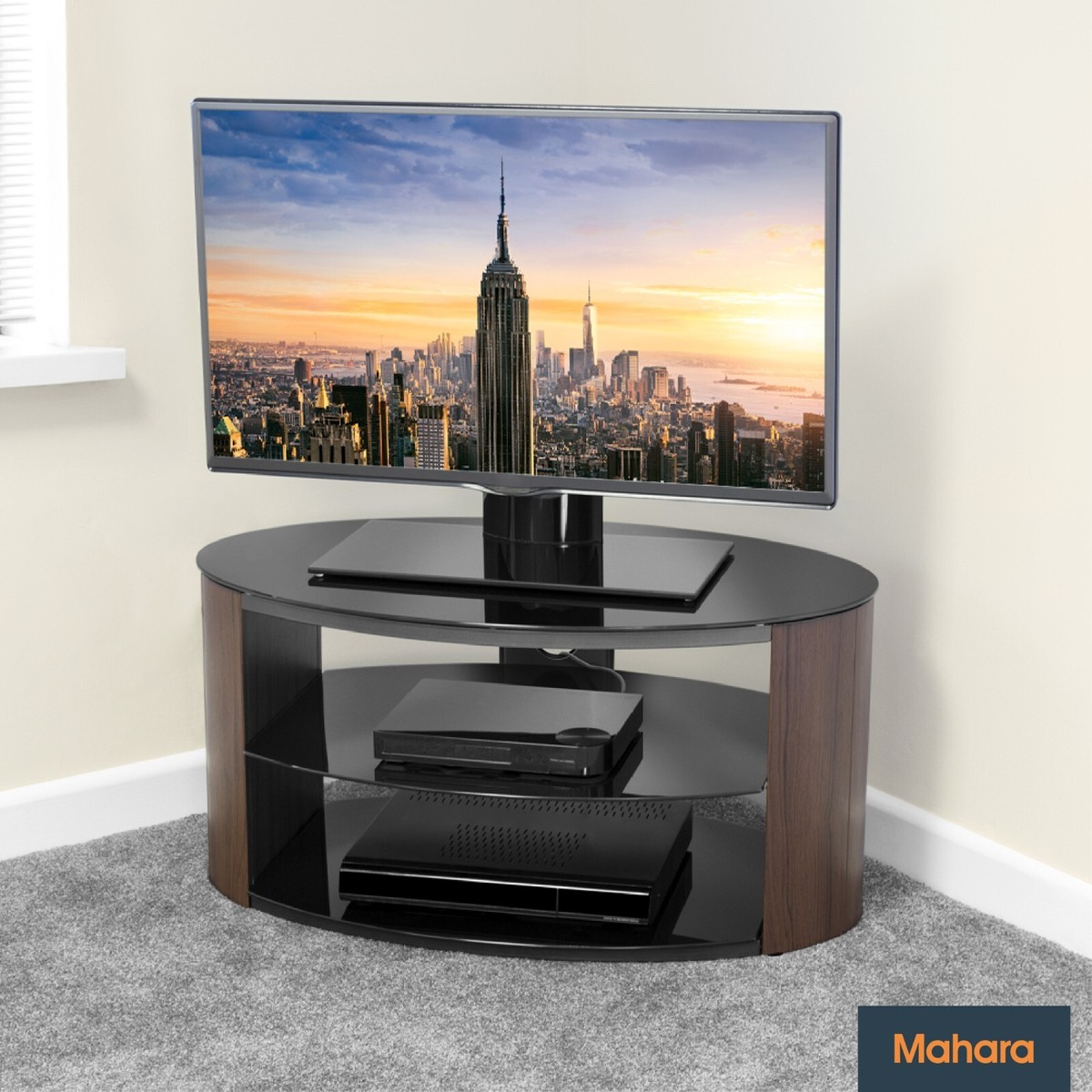 Oval black sale glass tv stand