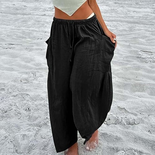 Women Casual Elastic Waist Cargo Harem Pants Capris Ruffle Cropped Lantern Pants - Picture 30 of 61