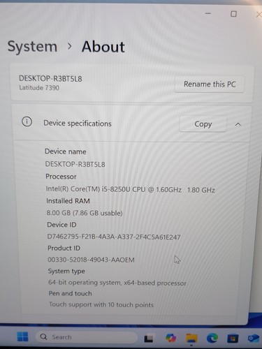 Dell Latitude 7390 13.3" i5-8250U 1.6GHZ 8GB RAM 256GB SSD T/SCREEN,SL13. - Picture 8 of 17