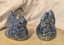 REDUCED  Vintage blue spongeware rooster and hen set of salt and pepper