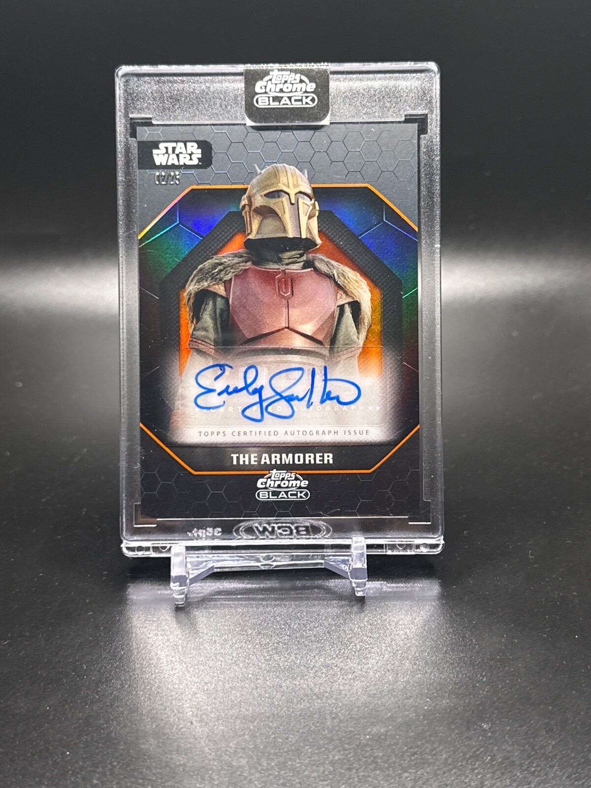 2024 Topps Chrome Black Star Wars Emily Swallow as The Armorer Auto Orange 02/25