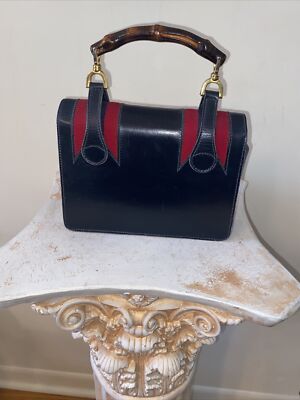 RARE GUCCI Bamboo Web Stripe Lunch Box Handbag VTG Navy Red Dr