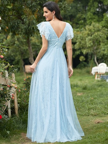 Women's Double V Neck Long Lace Evening Dress with Ruffle Sleeves (&Plus Size) - Picture 34 of 43