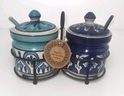 Sugar Pot Set Of Two With Iron Stand Lids Spoons Cobalt Blue White Ceramic India