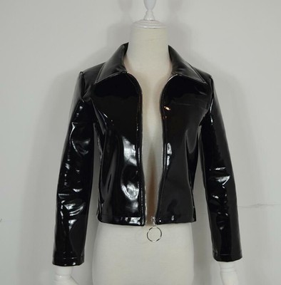 Womens Short Patent Leather Jacket Shiny Glossy Street Casual Top Patent Leather Jacket Shiny Glossy