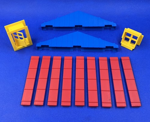 Lincoln Logs Lot 2 Blue 3 Notch Roof Trusses 9 Red Roof Slats 1 Window 1 Door - Picture 10 of 10