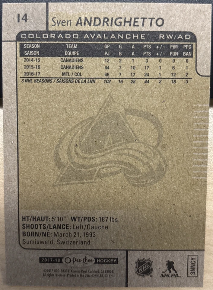 2017-18 17/18 O-Pee-Chee #14 Sven Andrighetto Colorado Avalanche - Image 2 of 2