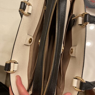 COACH Lillie Color Block Black Tan Chalk Leather Carryall Satchel