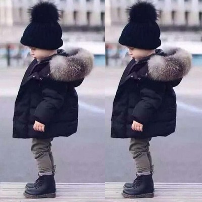 Fur Hooded Coat Boys Kids Black Thick Warm Winter Cotton Padded Parka Jacket