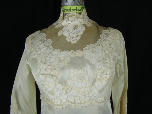 Vintage 60er Jahre Elfenbein Illusion Schulter Blumenmuster Spitze Krepp Mod Hochzeitskleid-Büste 33/2XS - Bild 6 von 15