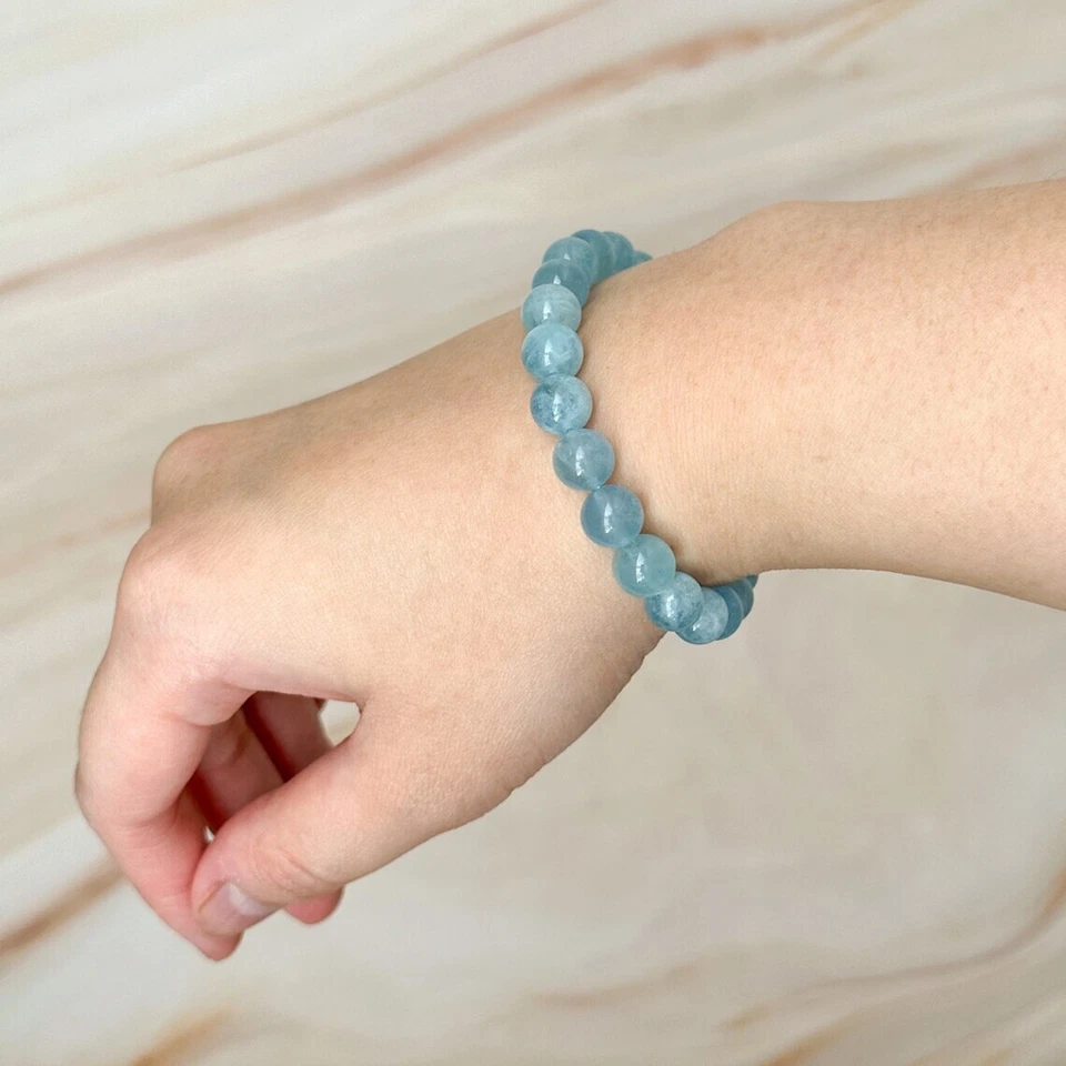 Natural 8mm Aquamarine Stone Bracelet Aqua Crystal Stretch Bracelet Handmade - Image 3 of 4