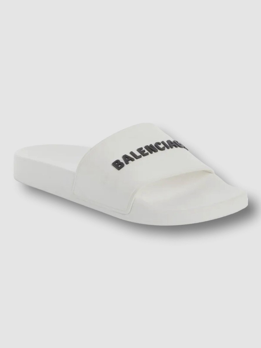 $395 Balenciaga Women's White Logo Pool Slide Sandals Shoes Size