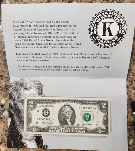 2003 $2 DOLLAR BILL STAR~VERY LOW #5831* ONLY 16K ISSUED Bank Of DALLAS~ - Picture 1 of 4
