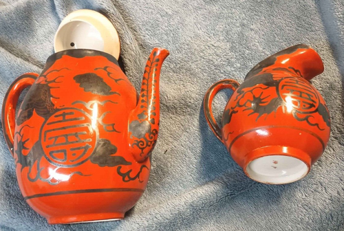 Antique Japanese Tea Kutani Eiraku Eggshell Red Orange Dragon x2 Tea & Creamer - Picture 6 of 8