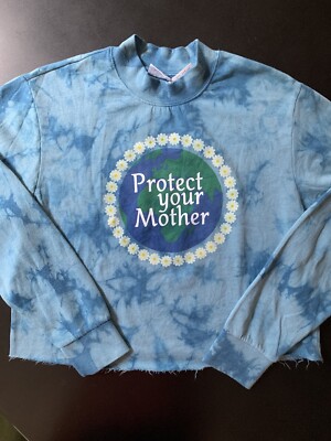 MIGHTY FINE Protect Your Mother cropped sweatshirt Tie Dye Blues Top Size L Boho
