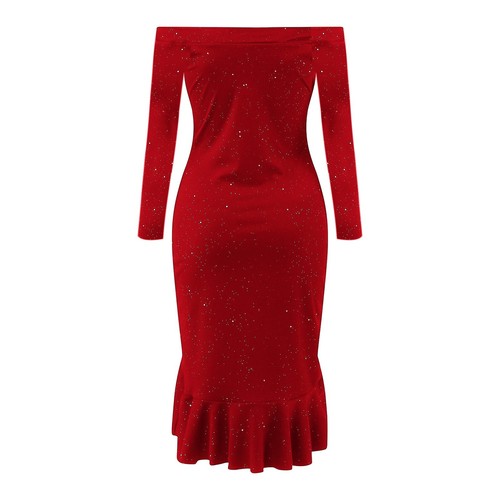 Women's Evening Dress Fashion Solid Plain Cold Shoulder Ruffle Loose Slit 1920s - Picture 16 of 29