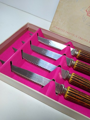 Vintage Regent Sheffield Steak Knife Set Set Of 4 With Box Faux Antler Handles - Picture 3 of 12