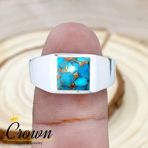 Blue Copper Turquoise 925 Sterling Silver Men's Ring Jewelry - Size US 6-14 - Picture 3 of 3