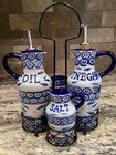 TEMPTATIONS BY TARA OLD WORLD BLUE OIL N VINEGAR CRUETS SALT PEPPER N STAND EX