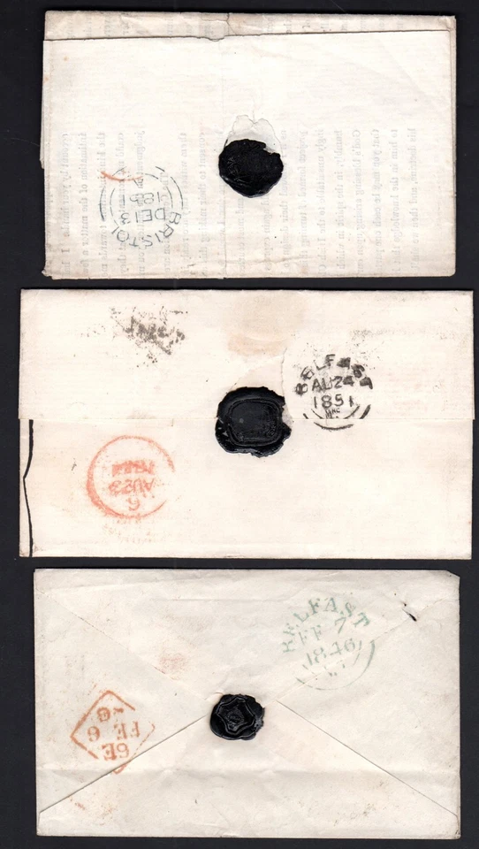 IRLANDA 1851 REINO UNIDO BELFAST S.G. 8 EN TRES CUBIERTAS UNA CON PAR A BRISTOL E INTER Foto 2 de 3