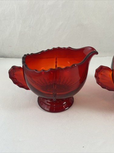 De colección Nuevo Martinsville Glass 1930 Radiance Rubí Rojo Crema y Azúcar Set Viking - Imagen 2 de 8