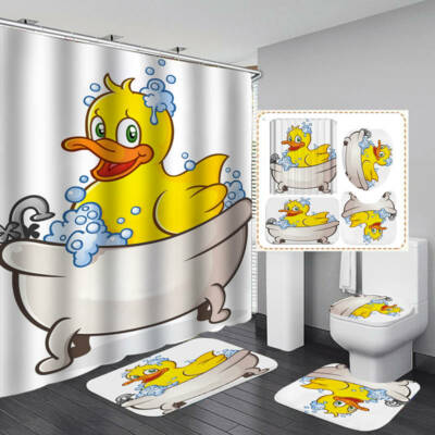 Cartoon Yellow Duck Shower Curtain Bath Mat Toilet Cover Rug