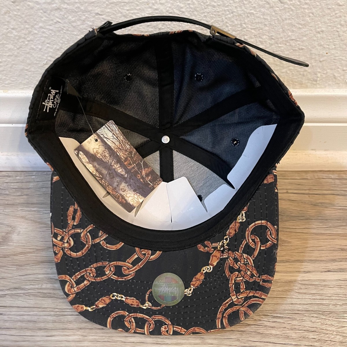 New Vintage Stussy SS Chain Link Strapback Cap Hat Black