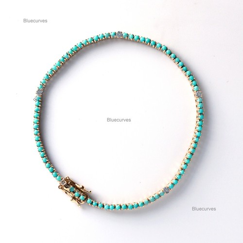 2mm Arizona Turquoise & Natural Diamond Tennis Bracelet in Solid 14k Yellow Gold - Picture 2 of 11