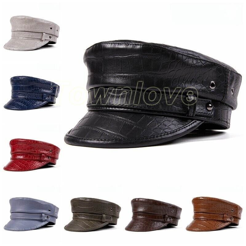 Men Genuine Leather Captain Sailor Hat Women Embossed Biker Driver